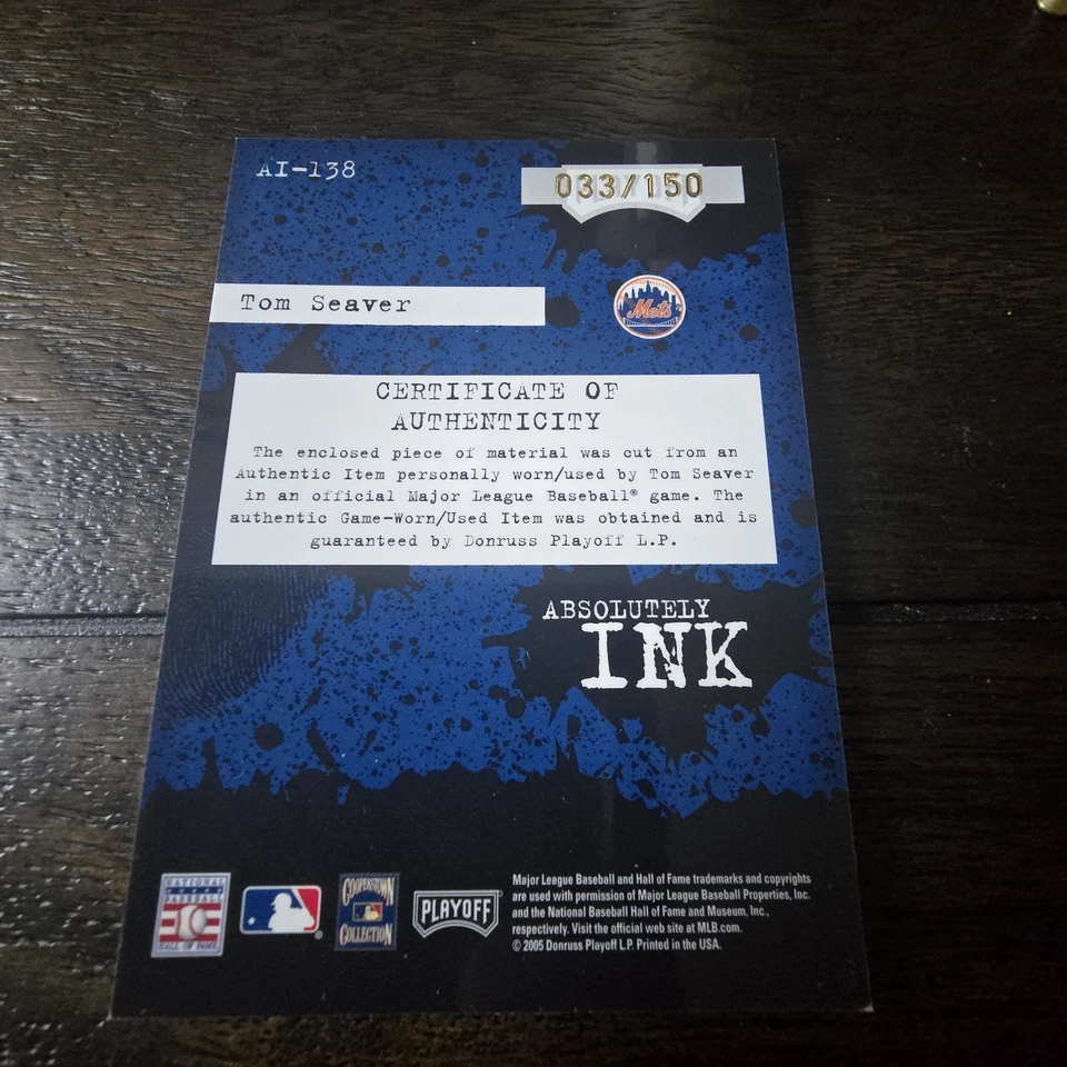 2005 Playoff Absolute Memorabilia Tom Seaver #AI-138  033/150 Auto  & Cap Card - Image 2 of 2