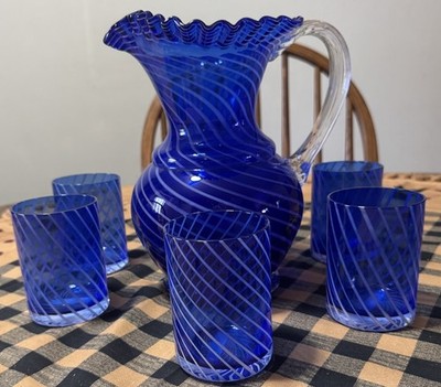 Stunning MCM Colbalt Blue & White Swirl Lemonade Set Pitcher/6 Matching Tumblers