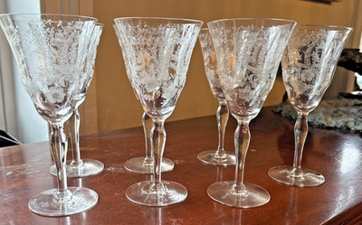 Set Of 7 Morgantown Glass LACE BOUQUET Etched Crystal 7 1/2'' Water Stem Goblets
