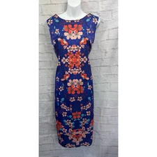 F&F Pencil Dress Satin Blue & Pink Size 16 Floral Party Occasion CottageCore