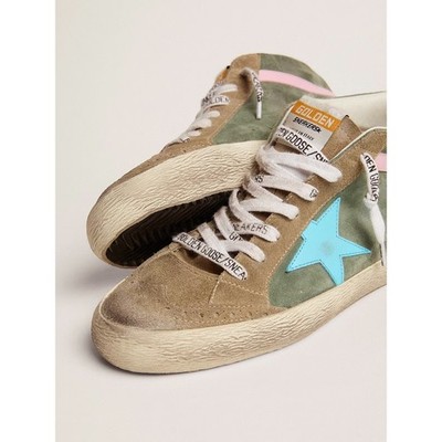 Golden Goose Mid Star Green Tan Suede Blue Star Lace Up Sneakers