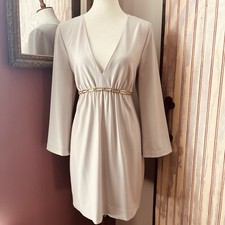 Halston Heritage Winter White Deep V-neck Crepe Gold Belted Disco Vibes Dress 10