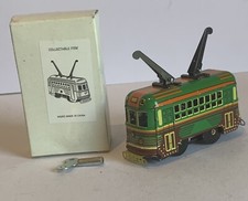 Vintage Tram Trolley Car Retro Clockwork Wind Up Tin Toy Collectible MS252 Works