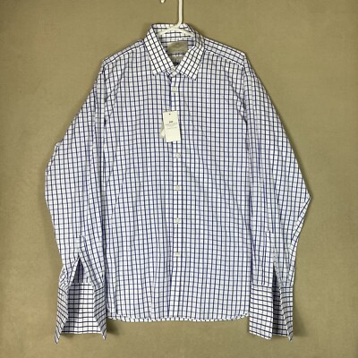 Hawes & Curtis Shirt Mens 18 Blue White Plaid Long Sleeve Button Up Adult NWT