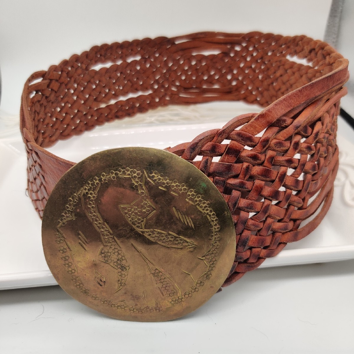 Vintage Belt Brown Braided Leather Handmade Stamp Metal Gold  display picture 1