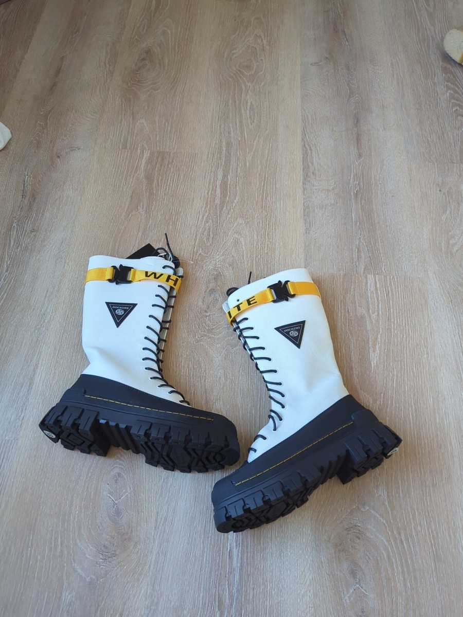 Dockers White Leather Gerli Moto Lace up Mid Calf Platformsbboots