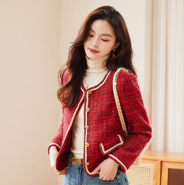 Red Tweed Blazers Women New Autumn Winter Loose New Single