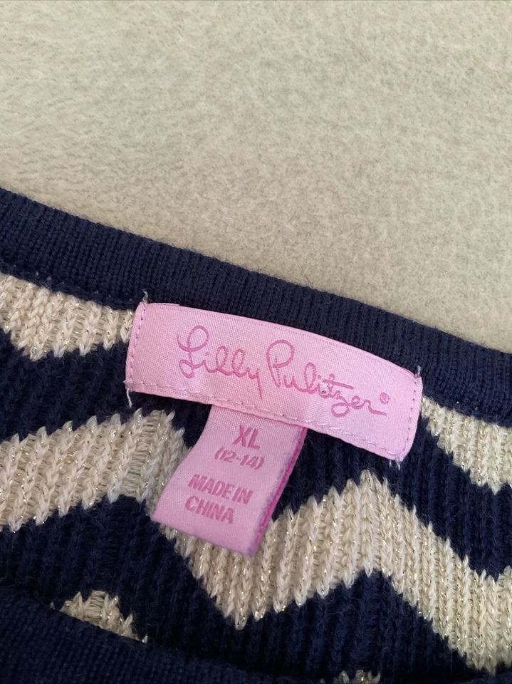 Vestido Suéter Niñas Lilly Pulitzer XL 12-14 Chevron Azul Marino Dorado Foto 3 de 4