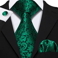 Barry Wang Mens Tie Green Floral Necktie Pocket Square Cufflinks Set Wedding 