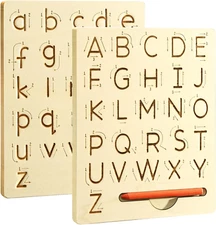 Wooden Letters Practicing Board,Reusable Handwriting Alphabet Tracing Board Doub