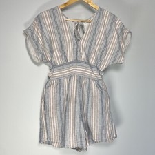 American Eagle Stripe Linen Tie Waist Romper Pockets Cottagecore White Blue sz S