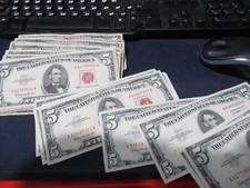 Antike 1963 F&uuml;nf Dollar $5 Alte US W&auml;hrung US Schein, Rotes Siegel
