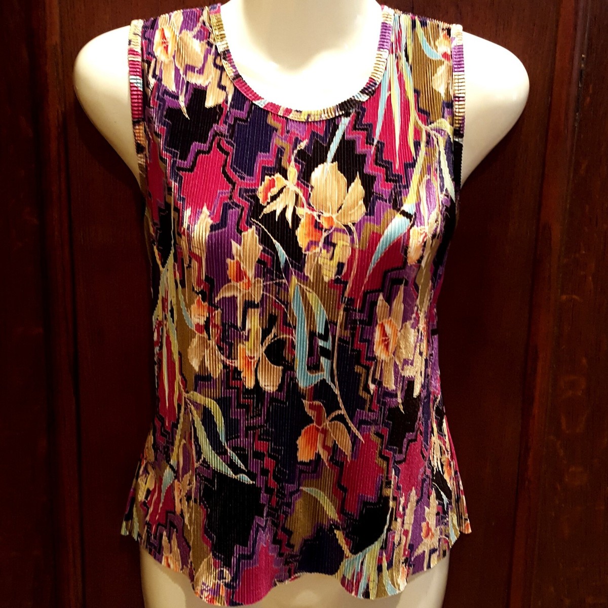 Plisse Vintage Accordion Pleat Tank Top Women M Scoop Neck