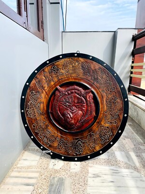 viking wooden wolf carved shield 30 inches,round carved shield ,wall decor