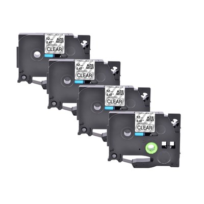 4-Pack 12mm Black On Clear Label Tape - For Brother P-touch PT