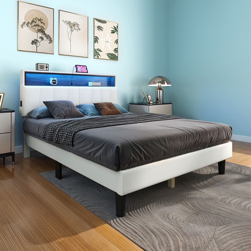 Full Size Bed Frame w/ Upholstered Headboard Storage LED Lights & Power Outlets - Picture 8 of 12