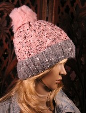 Two Tone Beanie Fur Lined Confetti Knit Hat with PomPom Soft and Warm