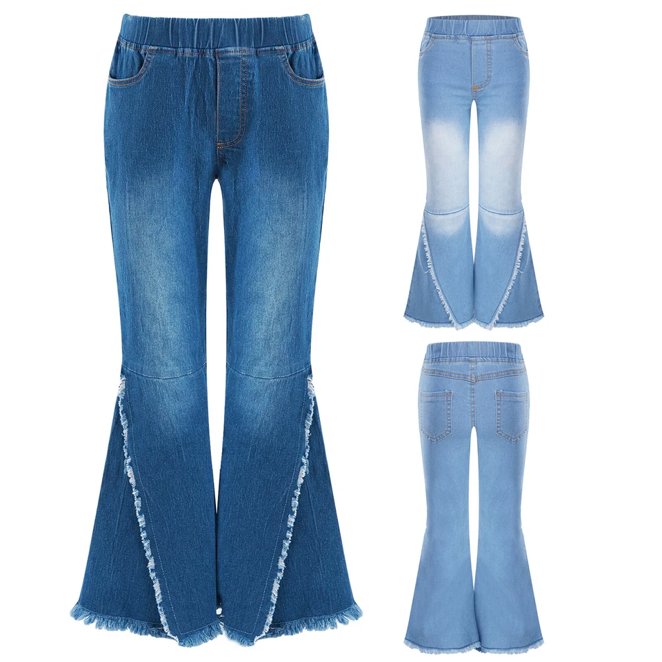 Mädchen Elastischer Bund Jeanshosen Schlaghose Zerrissene Denim Hose Gr. 104-164 - Bild 4 von 4
