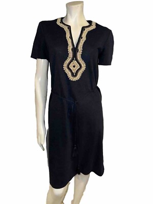 tory burch navy blue dress Tory Burch Navy Blue/Beige Striped Belted Sheath Dress w/Bateau Neckline Size S