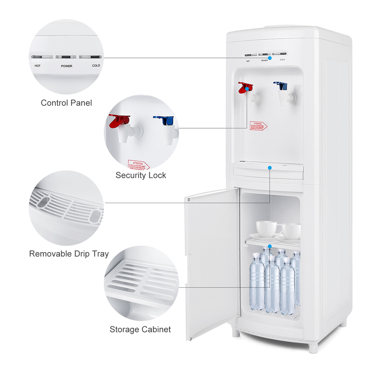 Rainfally Top-Loading Water Cooler Dispenser – Hot & Cold, 3-5 Gal, Child Safety Lock, Storage Cabinet, White