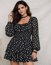 TRIXXI Black Floral Mini Dress Smocked Tiered Long Sleeve M