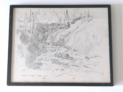Fred Lawson signierte Bleistiftskizze - ''A Beck, Castle Bolton'' 1955