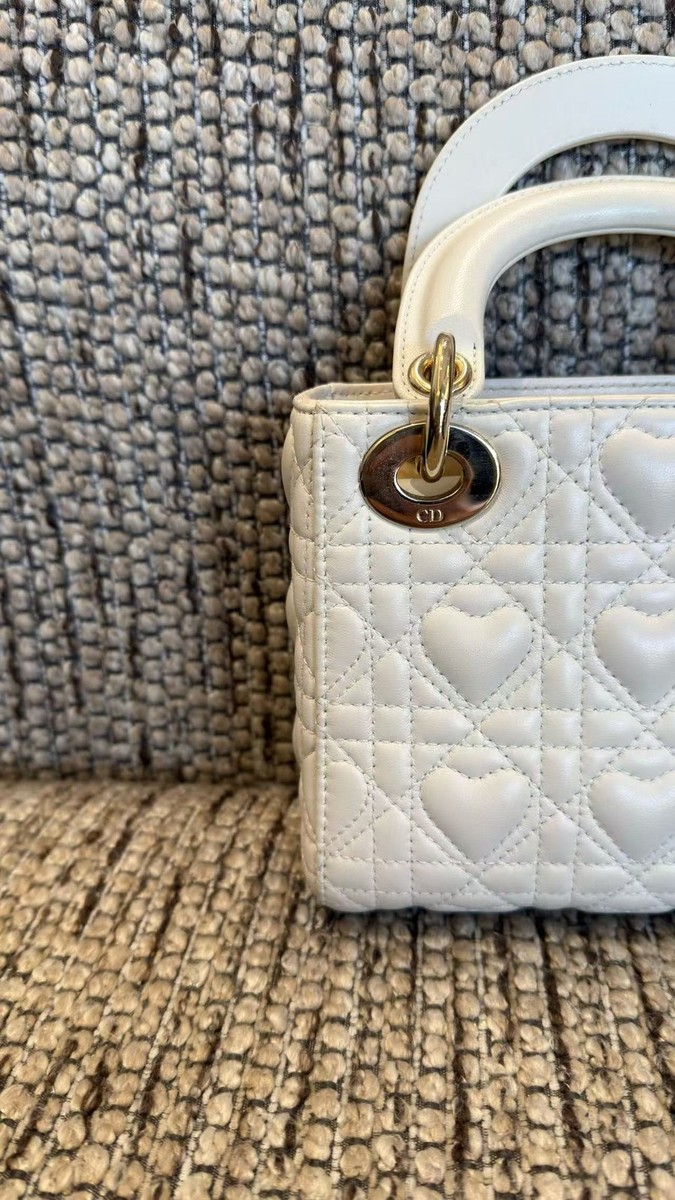 Dior Lady Dior Mini Bag White Heart Cannage Lambskin Gold Hardware
