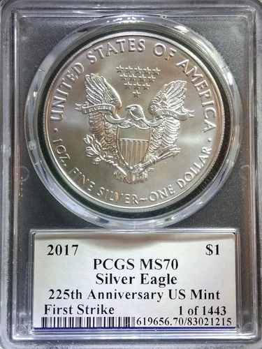 2017 Silver Eagle $1 PCGS 225th anniversary MS70 First Strike 1/1443 Moy Auto