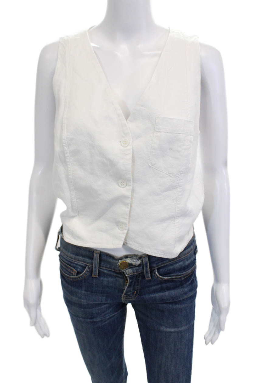 Stateside Womens Cropped V-Neck Button-Up White Linen Sleeveless Top Size SFree Shipping in US $100+ Orders | $6.95 Orders Below