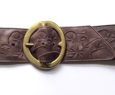 Vintage B-LOW the Belt 34in Oversized Brass Buckle Wide Leather Floral Stitching