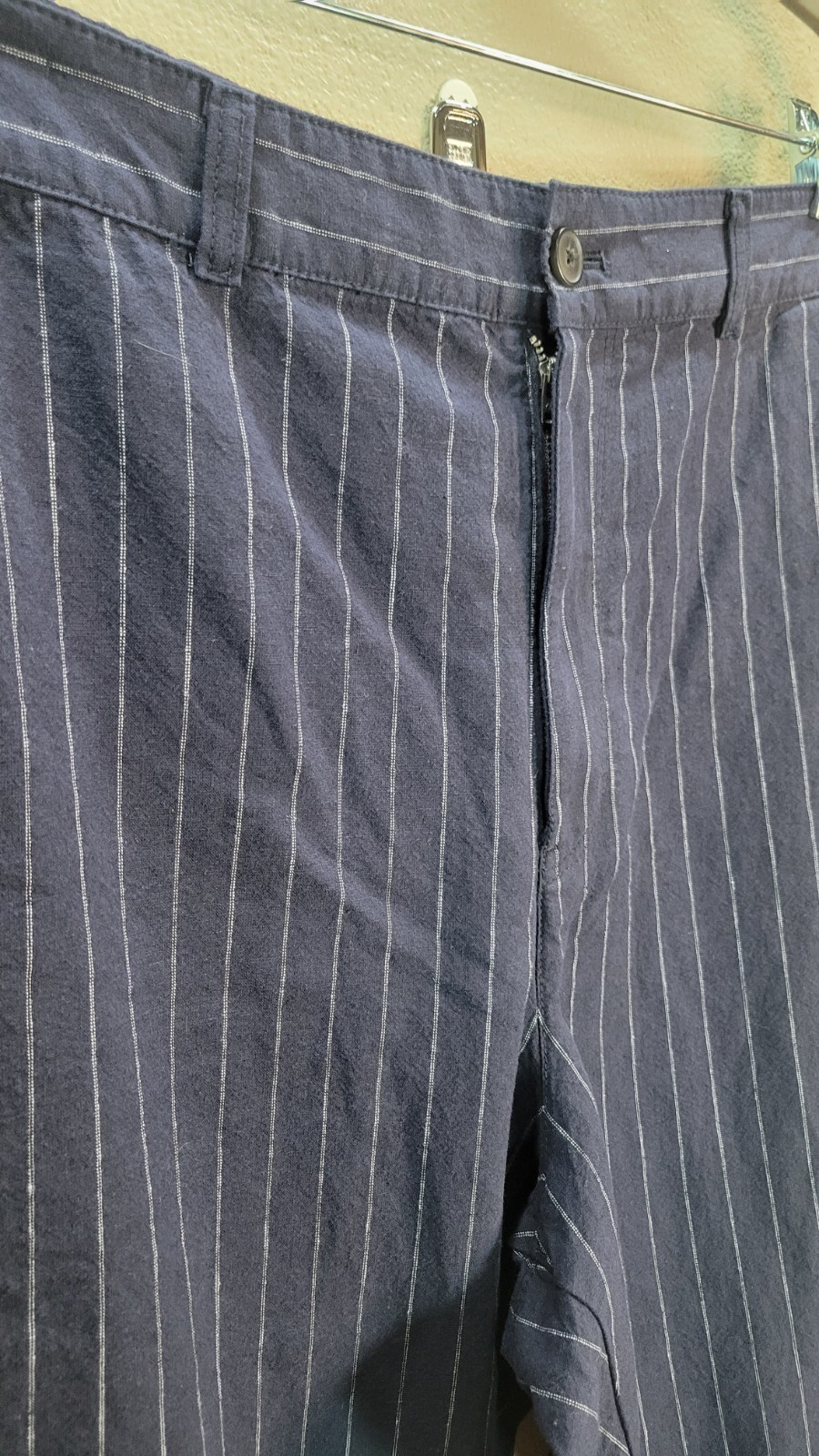 UNIQLO Navy Pinstripe Linen Blend Cropped Pants XL 32-33 Elastic Waist thumbnail 6