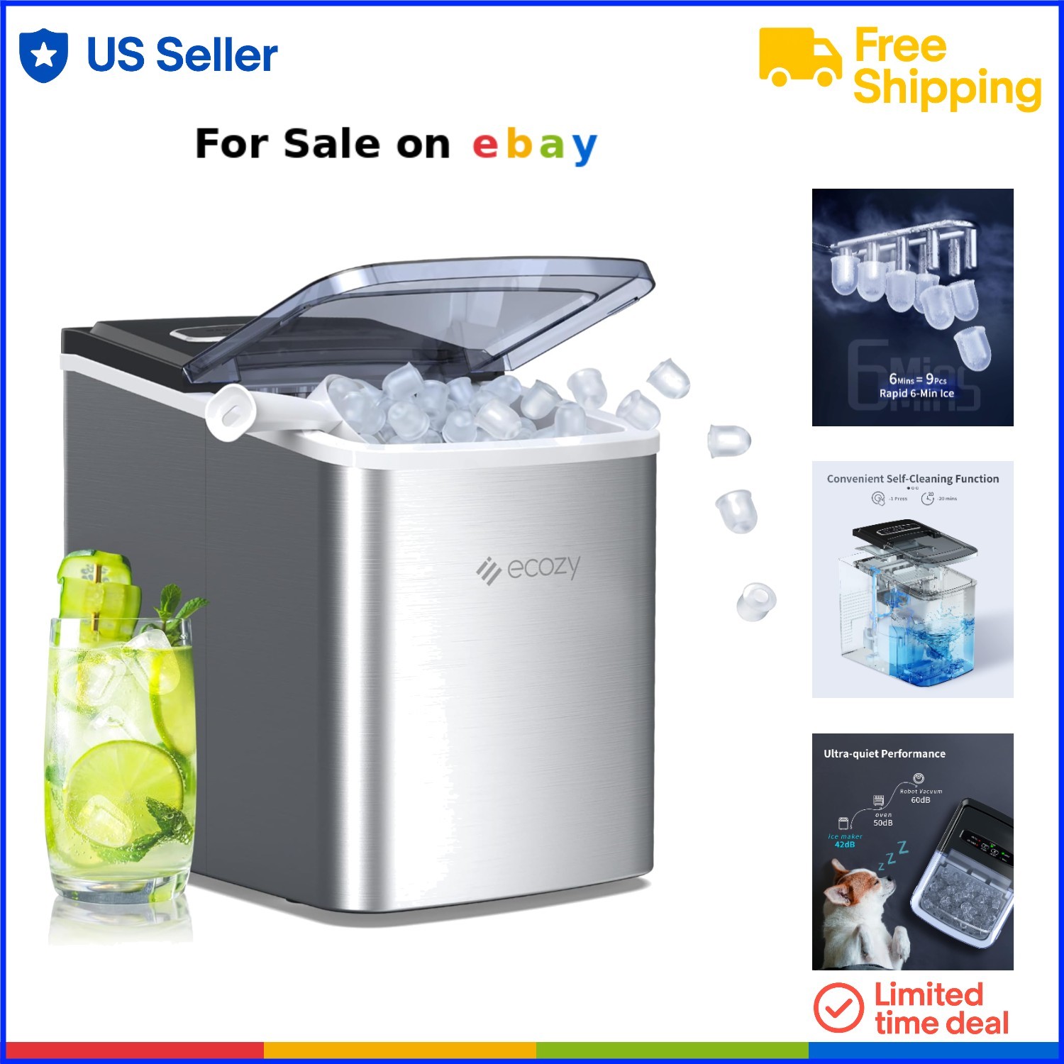 Portable Ice Maker Countertop 9 Cubes in 6 Mins 26.5 lbs Daily Self-Cleaning Fast Compact-image