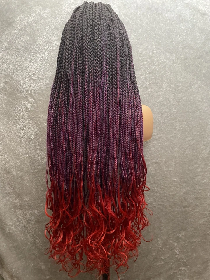 40英寸长盒编织假发-花边正面|红色/紫色卷曲末端合成网帽 — 第 3/4 张图片