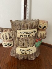 Vintage MCM Enesco Ceramic Owl Tree Stump Coin Bank -  Nobodys Perfect Savings  