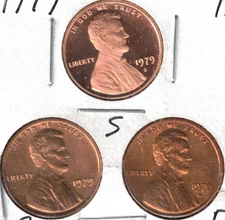 1979-D-P-S Three Uncirculated Lincoln Memorial Cents S from a proof set!