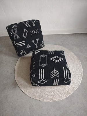 SSchwarze Kelim Berber Poufs,Handgefertigte Bodenkissen aus Wolle, Schwarzer We