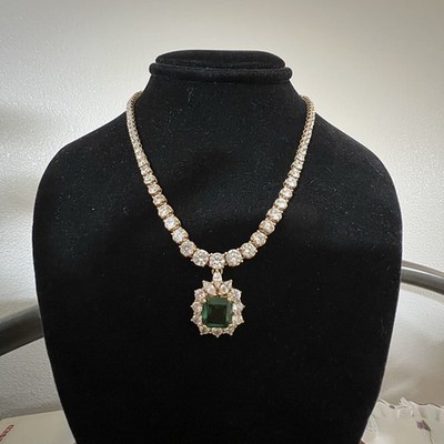 vintage beautiful unsigned panetta green clear rhinestone necklace