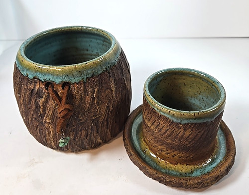 Studio Art Pottery Butter Bell Crock Stoneware Rustic Tree Design Aqua Interior