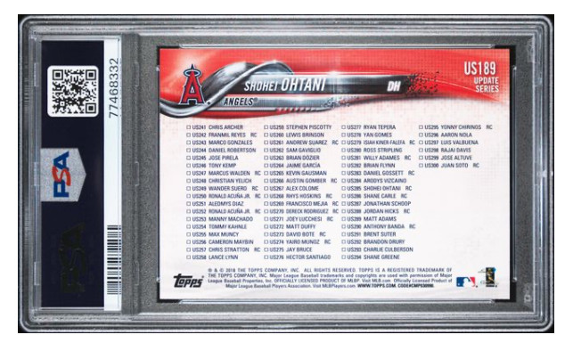 Shohei Ohtani 2018 Topps Update PSA 10 GEM MINT RC #US189 PSA 10 Ohtani MVP RC view 2