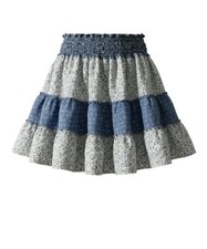 Girls Blue White Floral Tiered Skirt Ruffle Smocked Woven Elastic Waist