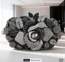 Women's Rose Flower Clutch Evening Bag Rhinestone Sparkly Diamond Crystal Purse