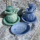 Vintage 1971 Avon Jade Green/Blue Milk Glass Small Pitcher W/ Lid And Bowl LOT