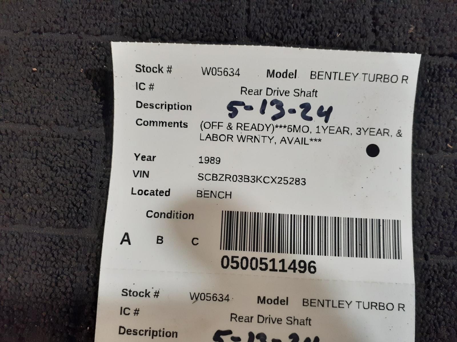 Used Drive Shaft Rear fits: 1989 Bentley TURBO R  Grade A