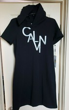 Calvin Klein Hooded SILVER LOGO T-Shirt Dress BLACK (Size MEDIUM) NWT MSRP $49