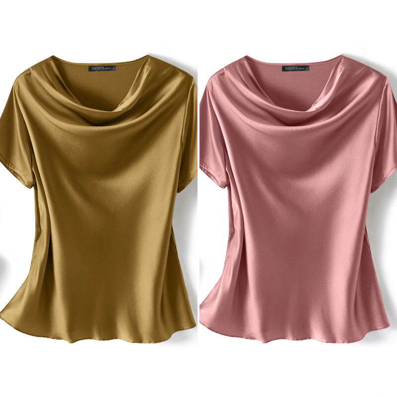 UK Women Summer Satin Silky Tops Short Sleeve Cowl Neck Party Gown - Main Image