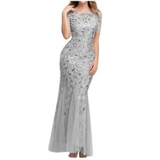 Women Short Sleeve O-neck Slim Beaded Evening Party Prom Gowns Sequin Dress Mesh