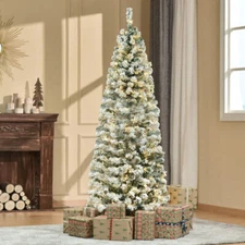 Homcom 6ft Pre-Lighted Artificial Snow Flocked Christmas Tree with Warm White...