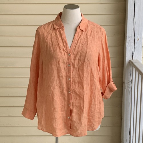 NWT Sigrid Olsen 100% Linen Button Up Blouse Plus 1X Roll Tab Sleeves Coral Top - Picture 2 of 9