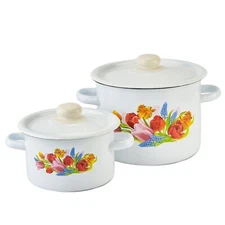Novomoskovsk Spring Tulip Enamel Stockpot Set Vintage Cooking Pots [2 qt, 5 qt]
