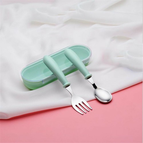 Children Fork Spoon Feeding Cutlery Sets With Plastic Case Tableware Flatware SH - Afbeelding 1 van 15